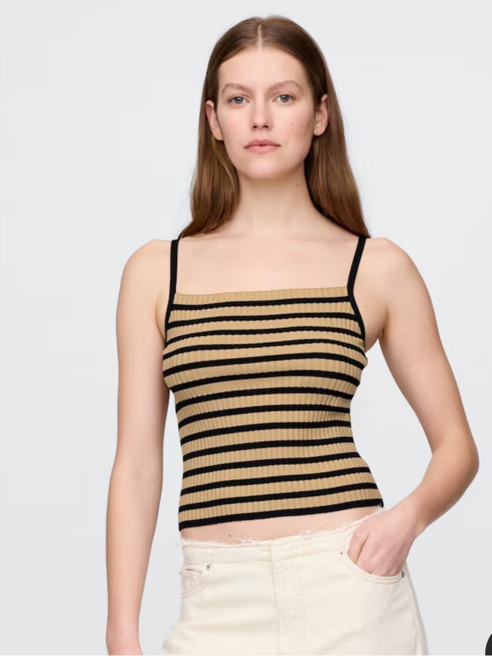 GAP Striped Ribbed Square-Neck Camisole in Tan and Black Sz Large 
Stretch